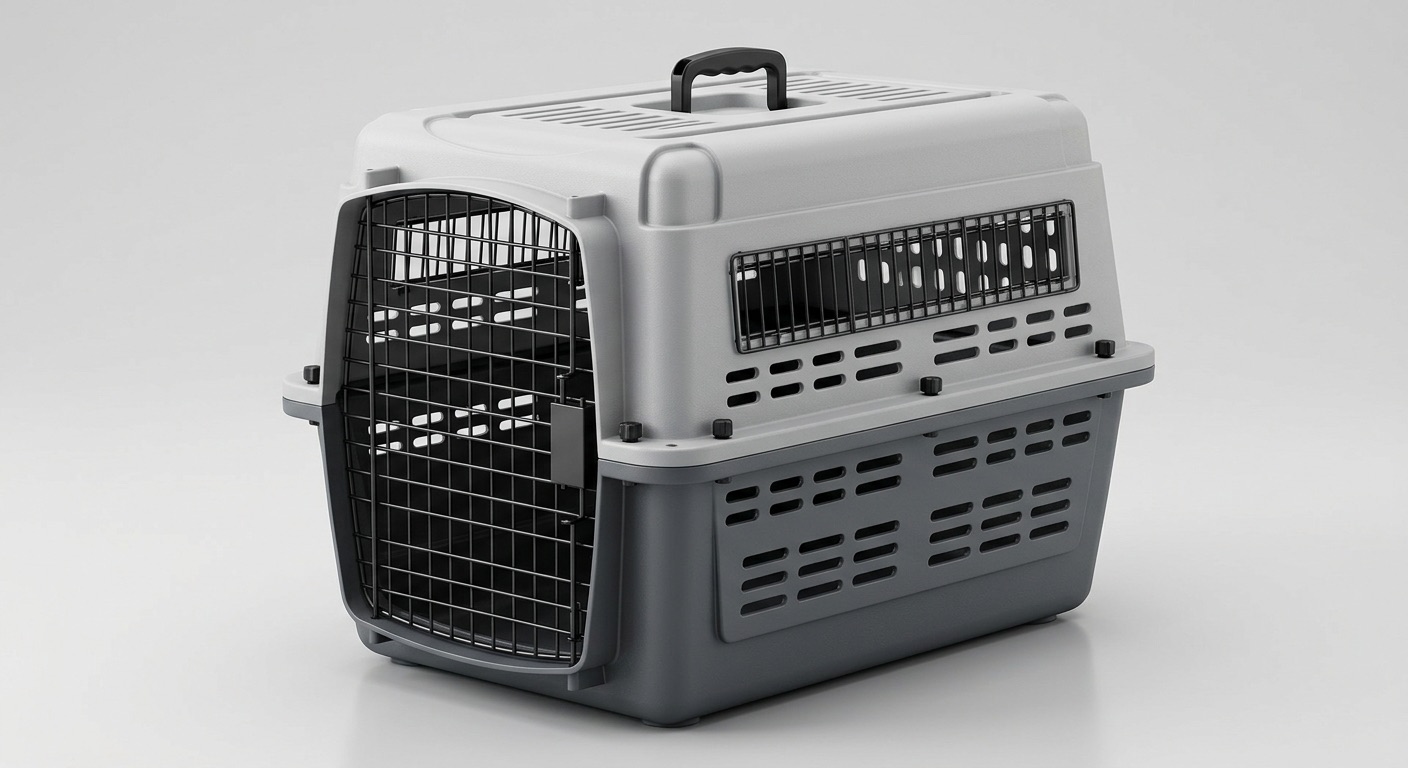 IATA-approved pet crate prepared for international travel